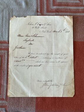 Original  1883 Letterhead Document from Wall Street, New York.